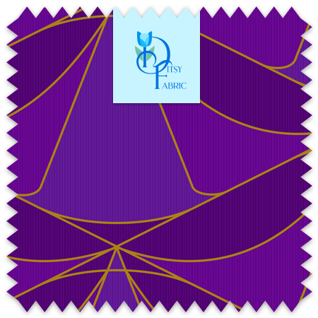 Swooping purple Art Deco design over a pin stripe backdrop with gold accents.
